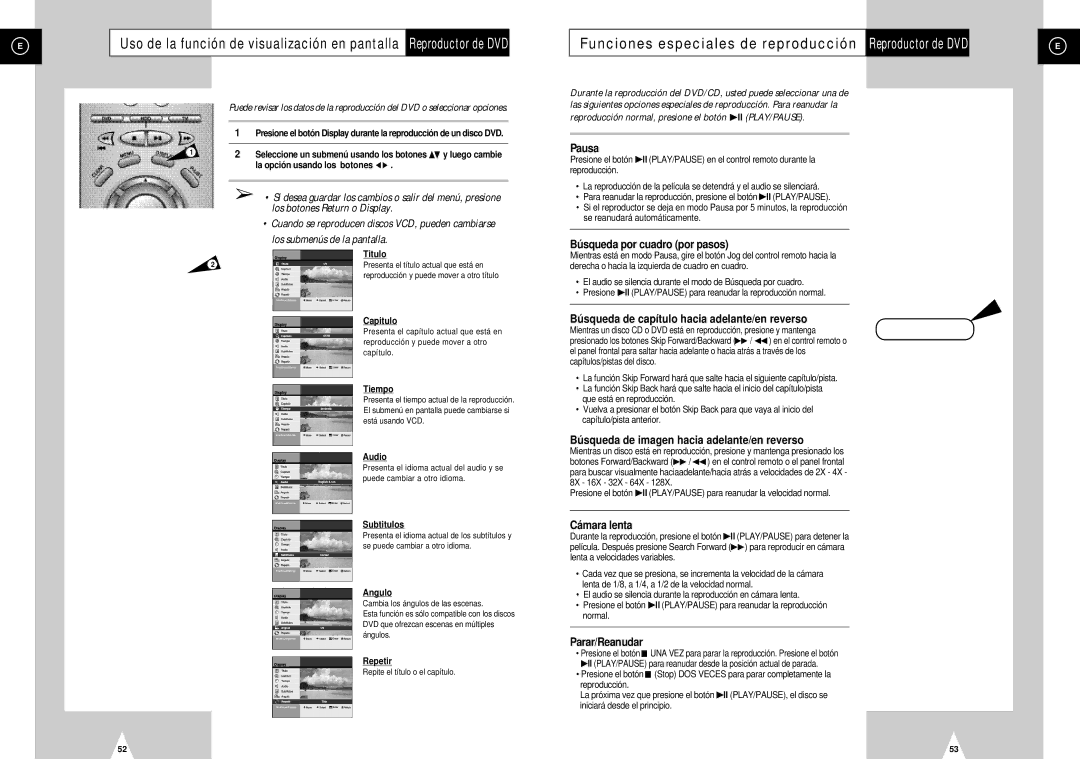 Samsung DVD-H40E/XEC, DVD-H40E/AFR manual Titulo, Capitulo, Tiempo, Audio, Subtitulos, Angulo, Repetir 