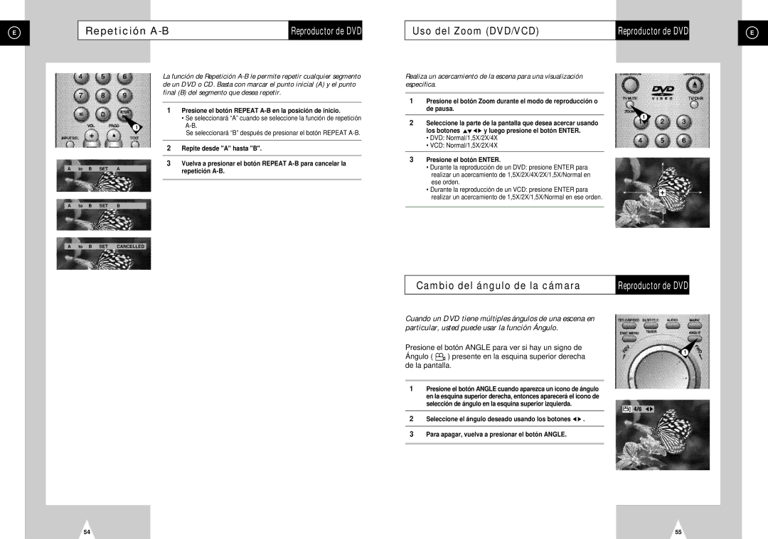 Samsung DVD-H40E/AFR, DVD-H40E/XEC manual Repetición A-B, Uso del Zoom DVD/VCD, Cambio del ángulo de la cámara 