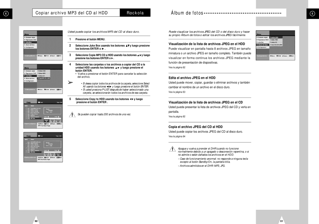 Samsung DVD-H40E/XEC manual Copiar archivo MP3 del CD al HDD, Usted puede copiar los archivos MP3 del CD al disco duro 