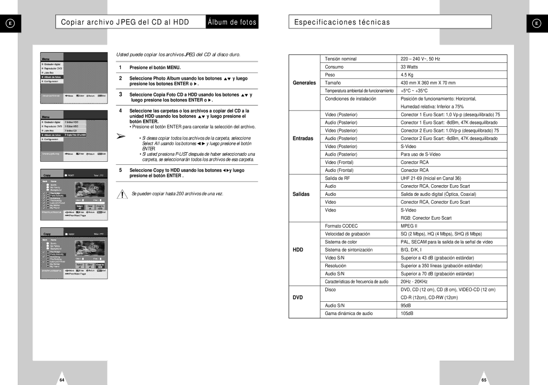 Samsung DVD-H40E/XEC, DVD-H40E/AFR Especificaciones técnicas, Usted puede copiar los archivos Jpeg del CD al disco duro 