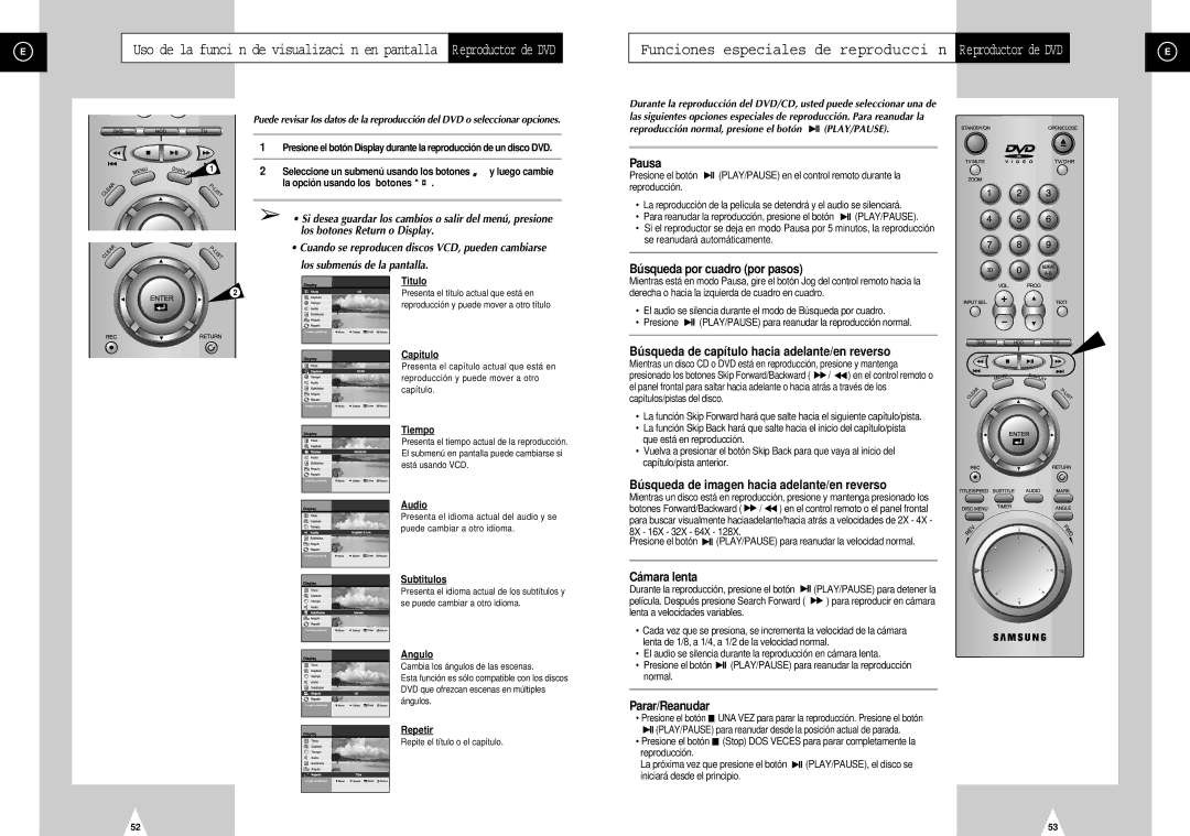 Samsung DVD-H40E/AFR Cuando se reproducen discos VCD, pueden cambiarse, Reproducción normal, presione el botón PLAY/PAUSE 