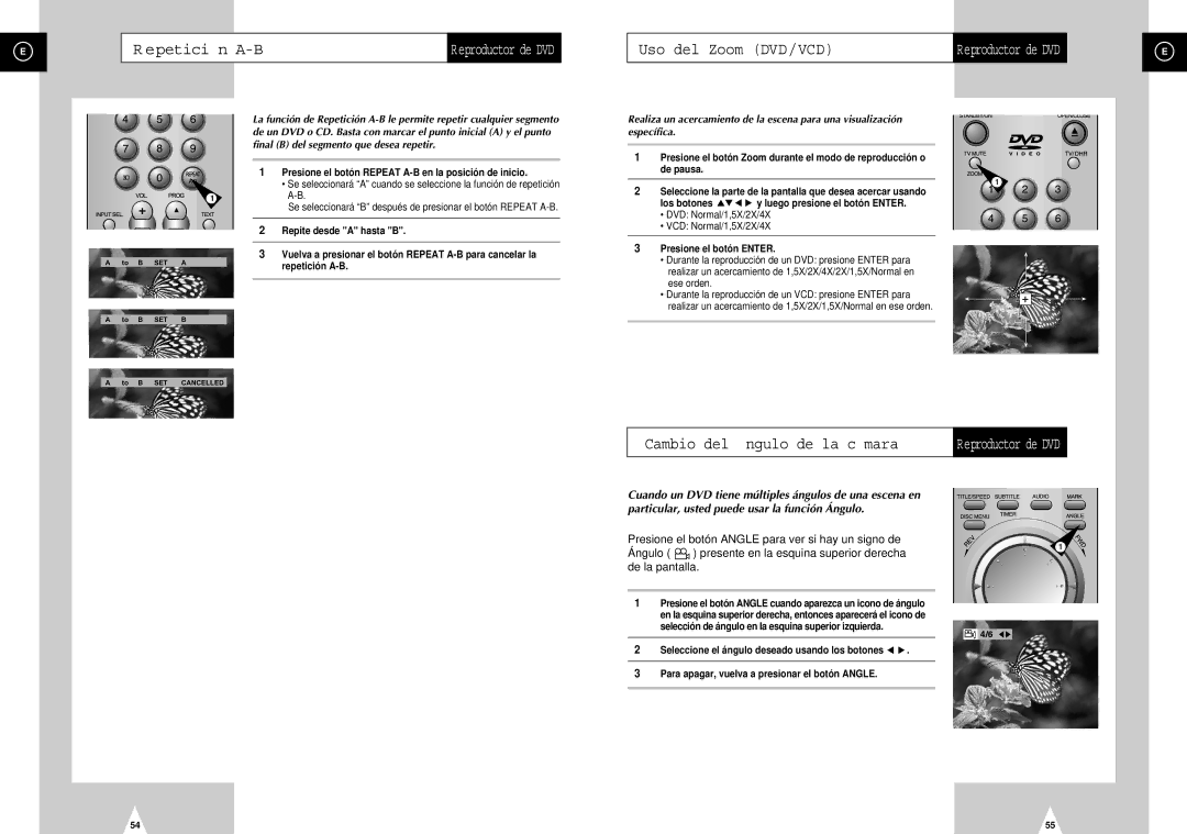 Samsung DVD-H40E/XEC, DVD-H40E/AFR manual Uso del Zoom DVD/VCD, Cambio del ngulo de la c mara, Repite desde a hasta B 