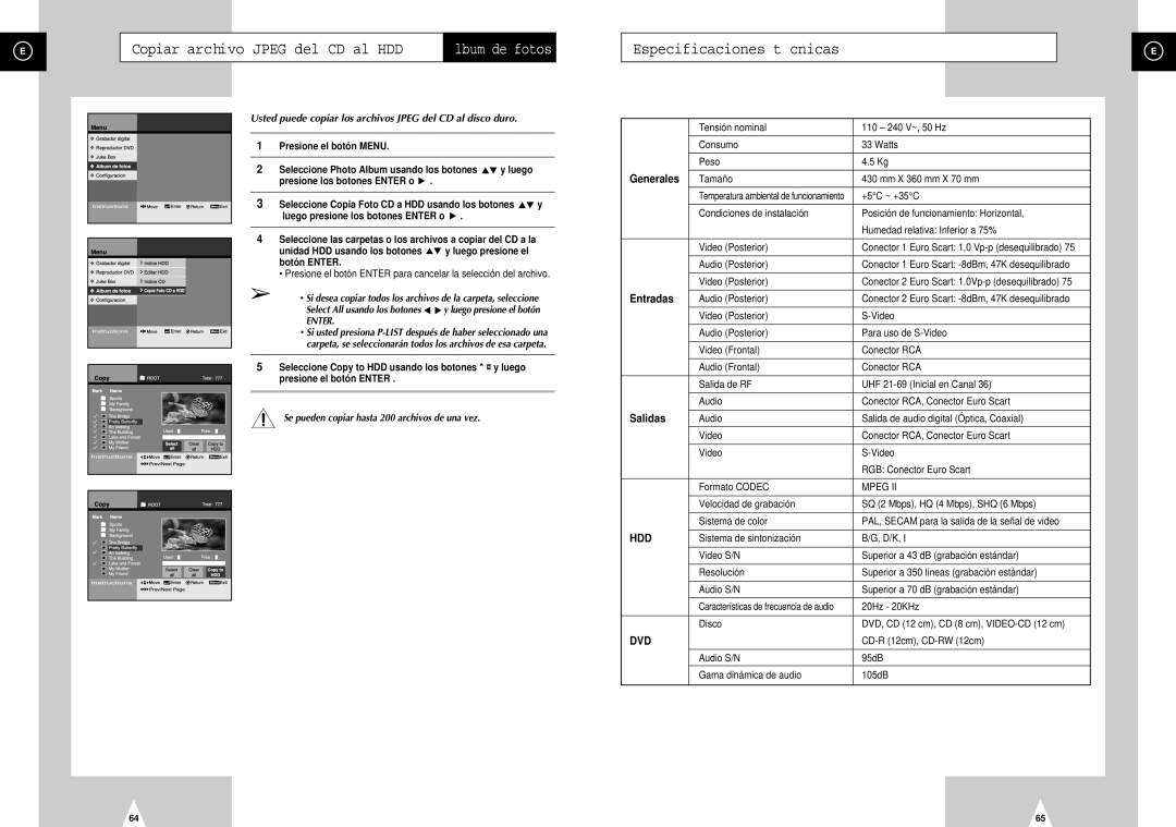 Samsung DVD-H40E/AFR, DVD-H40E/XEC manual Copiar archivo Jpeg del CD al HDD, Especificaciones t cnicas 