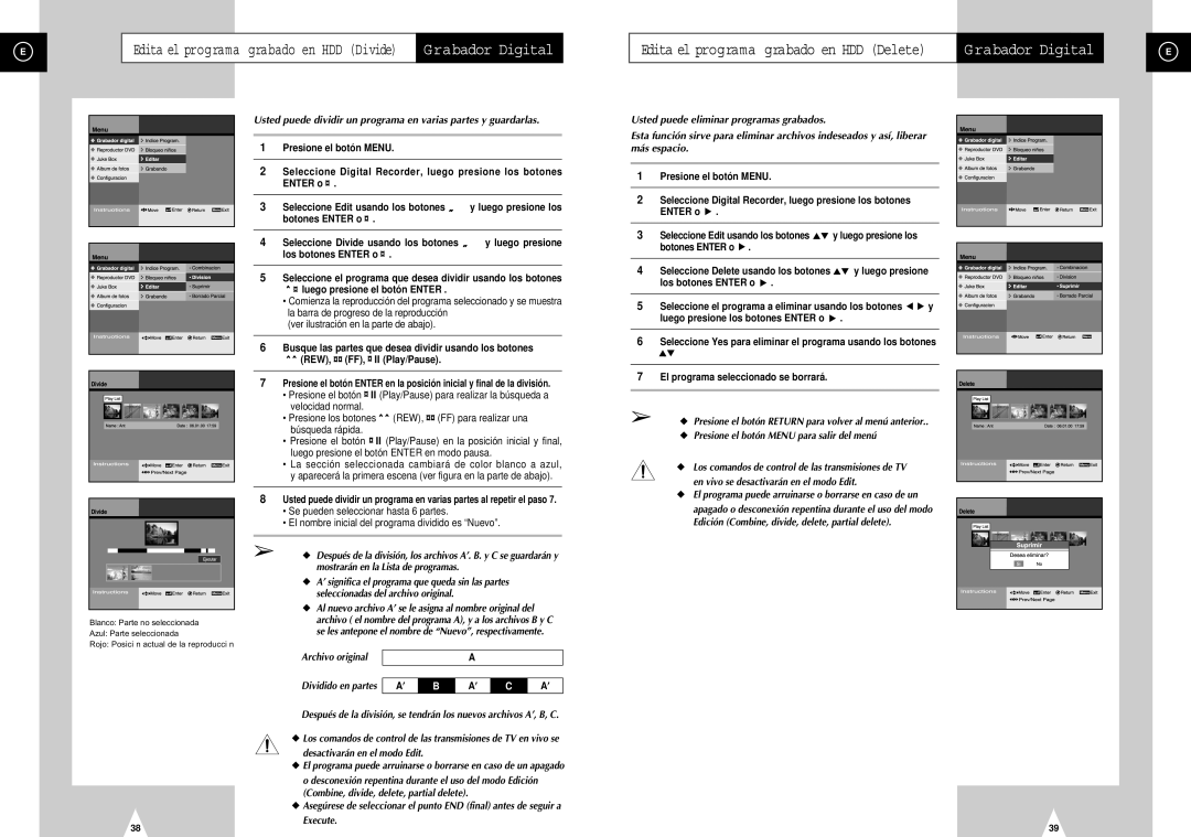 Samsung DVD-H40E/XEC manual Botones Enter o ¤, Luego presione, El programa puede arruinarse o borrarse en caso de un 