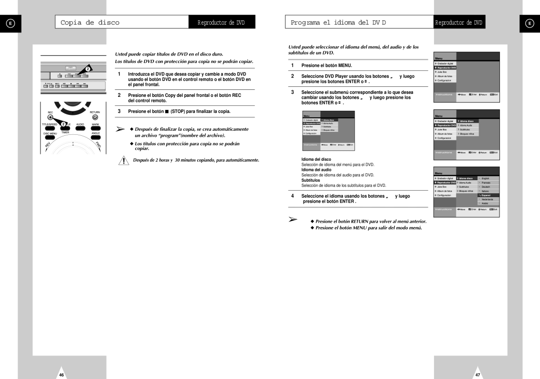 Samsung DVD-H40E/XEC, DVD-H40E/AFR manual Copia de disco, Reproductor de DVD, Un archivo programnombre del archivo, Copiar 