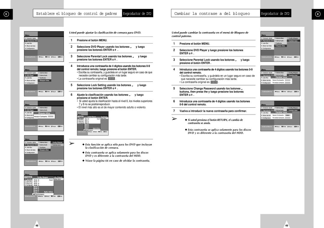 Samsung DVD-H40E/AFR Cambiar la contrase a del bloqueo, Usted puede ajustar la clasificación de censura para DVD, Luego 