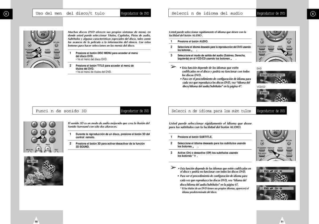 Samsung DVD-H40E/XEC, DVD-H40E/AFR manual Uso del men del disco/t tulo, Selecci n de idioma del audio, Funci n de sonido 3D 