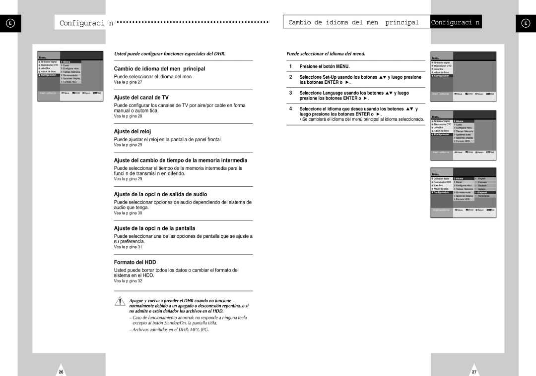 Samsung DVD-H40E/AFR manual Usted puede configurar funciones especiales del DHR, Puede seleccionar el idioma del menú 