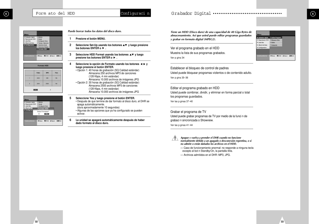 Samsung DVD-H40E/XEC, DVD-H40E/AFR manual Form ato del HDD, Puede borrar todos los datos del disco duro 