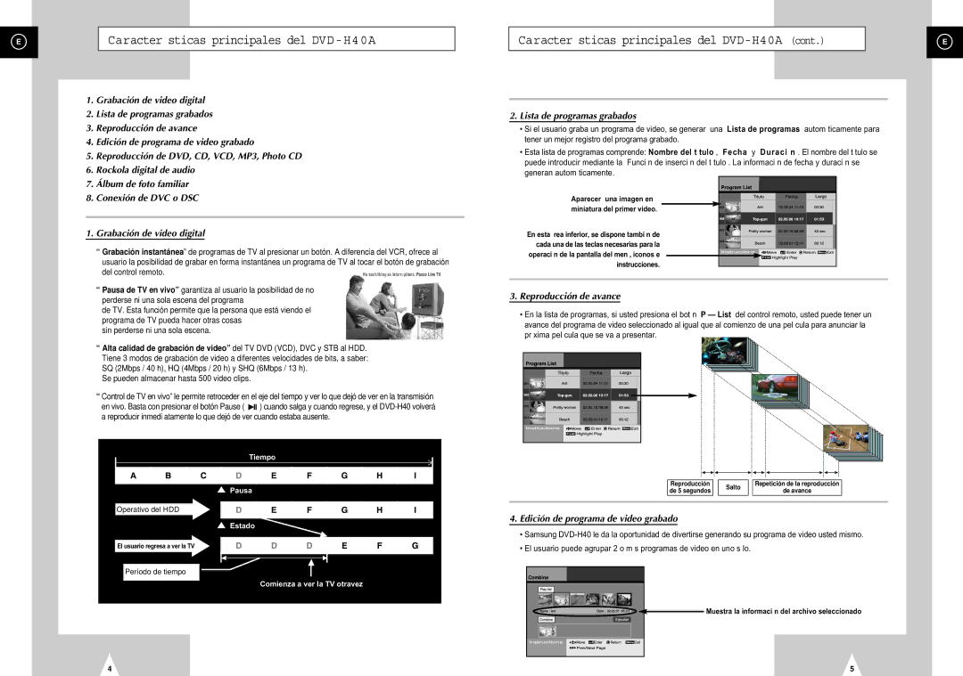 Samsung DVD-H40E/XEC, DVD-H40E/AFR Caracter sticas principales del DVD-H40A, Se pueden almacenar hasta 500 video clips 