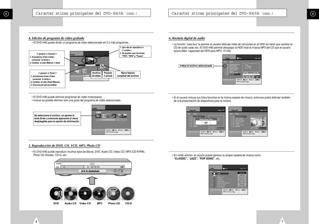 Samsung DVD-H40E/AFR, DVD-H40E/XEC manual Quiera.Máx. capacidad del HDD para MP3 10 GB 