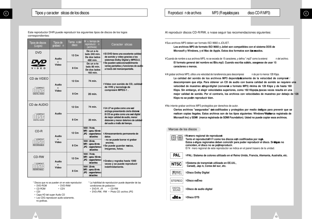 Samsung DVD-H40E/XEC manual Tipos y caracter sticas de los discos, Sus archivos MP3 deben ser formato ISO 9660 o Joliet 