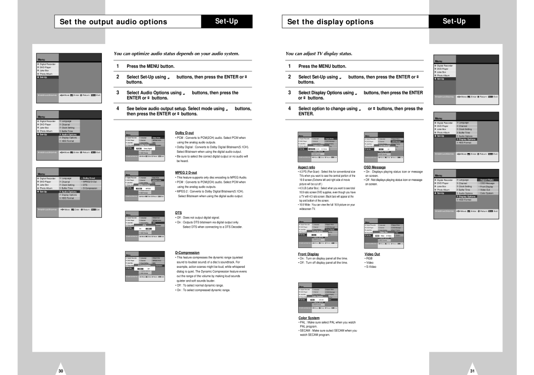 Samsung DVD-H40E/AFR, DVD-H40E/XEC Set the output audio options, Set the display options, You can adjust TV display status 