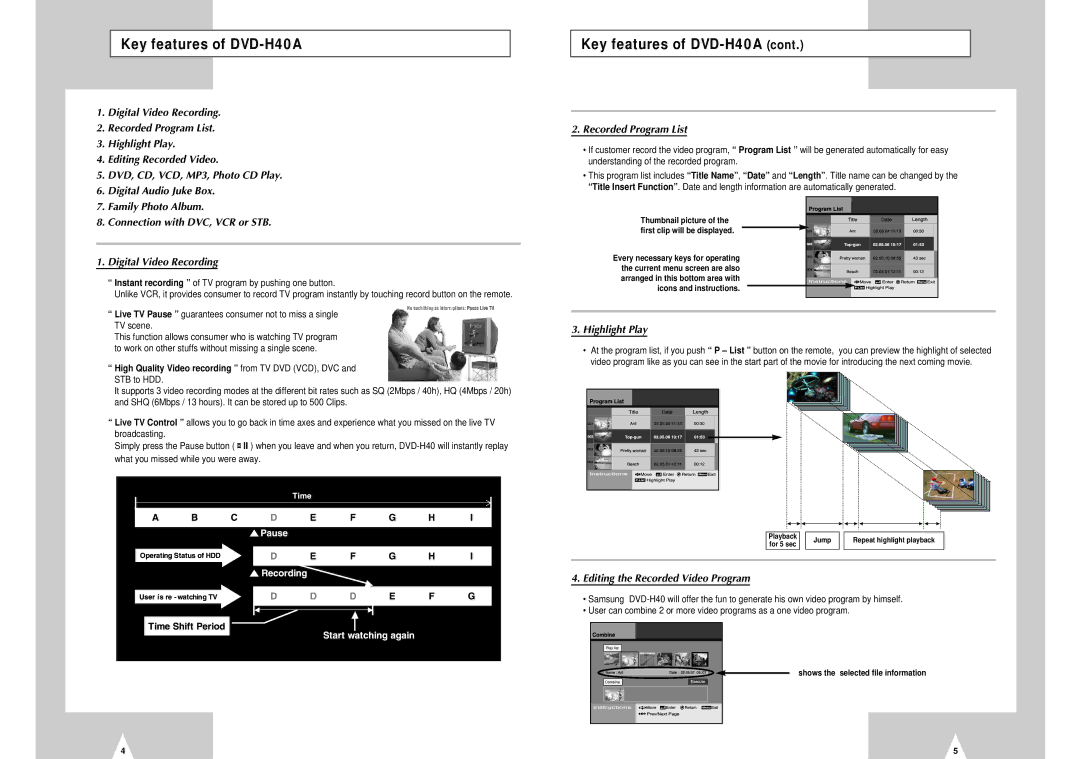 Samsung DVD-H40E/XEC, DVD-H40E/AFR manual Key features of DVD-H40A, Editing the Recorded Video Program 