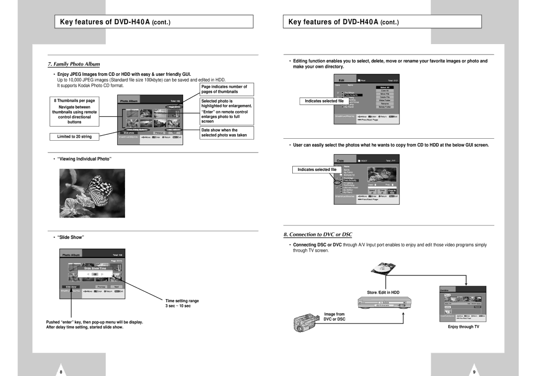 Samsung DVD-H40E/XEC, DVD-H40E/AFR manual Connection to DVC or DSC, Viewing Individual Photo 