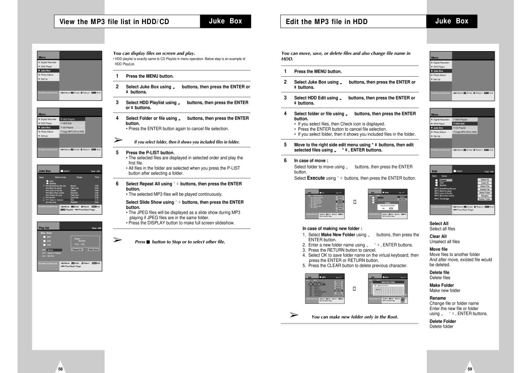 Samsung DVD-H40E/XEC View the MP3 file list in HDD/CD, Edit the MP3 file in HDD, You can display files on screen and play 