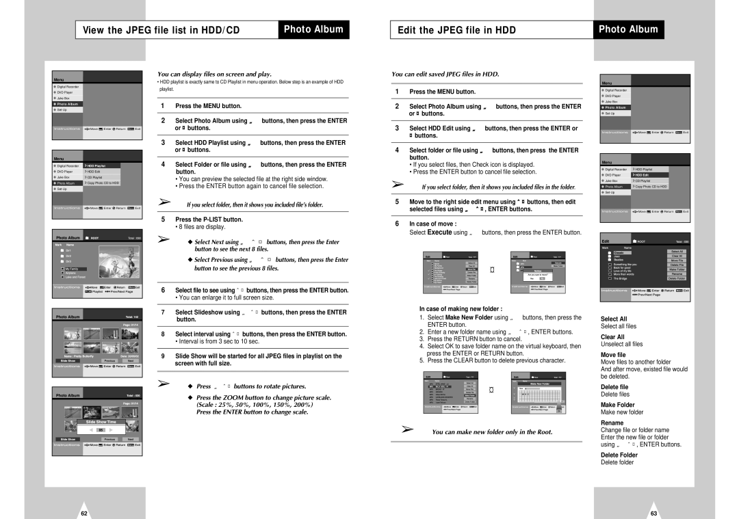 Samsung DVD-H40E/XEC View the Jpeg file list in HDD/CD, Edit the Jpeg file in HDD, Press „ ˆ ¤ buttons to rotate pictures 