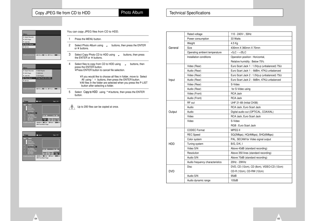 Samsung DVD-H40E/AFR manual Copy Jpeg file from CD to HDD, Technical Specifications, You can copy Jpeg files from CD to HDD 