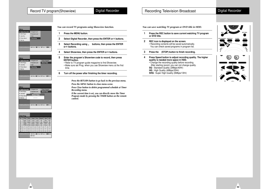 Samsung DVD-H40E/XEC, DVD-H40E/AFR manual Record TV programShowview, You can record TV programs using Showview function 