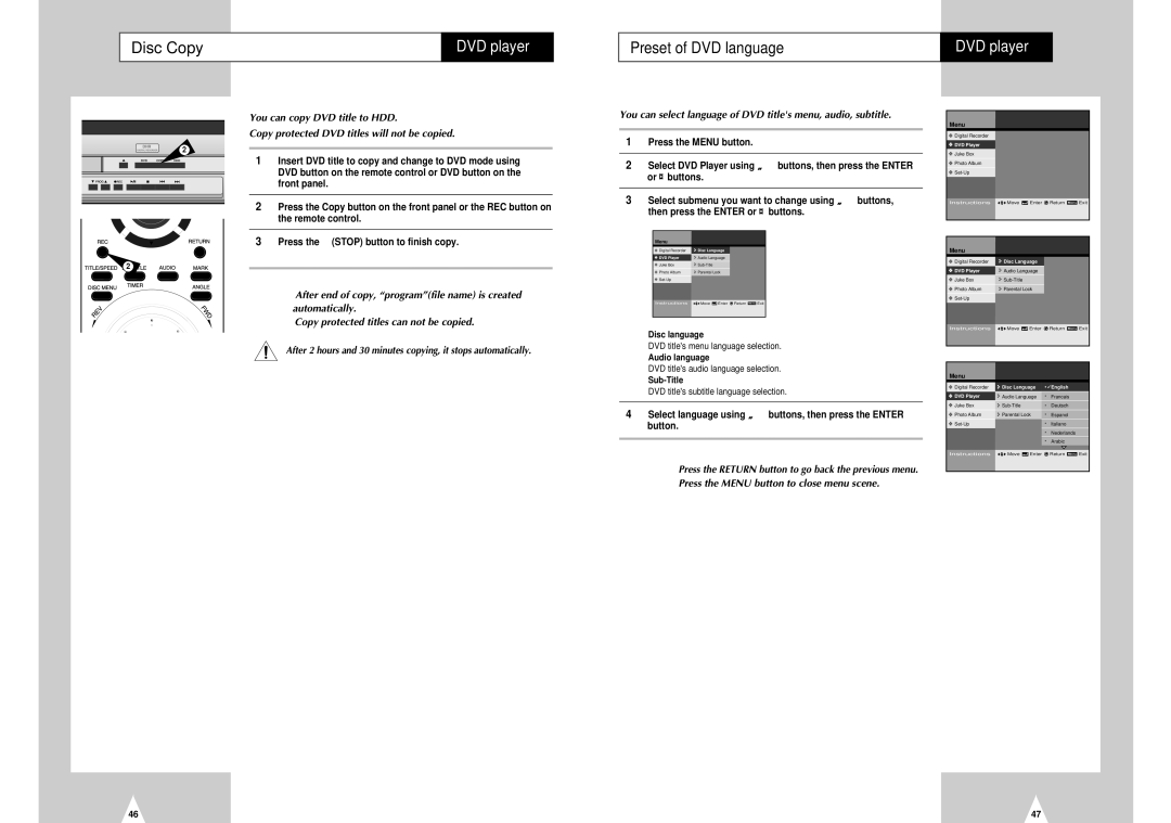 Samsung DVD-H40E/XEC, DVD-H40E/AFR manual Disc Copy, Preset of DVD language, Then press the Enter or ¤ buttons 