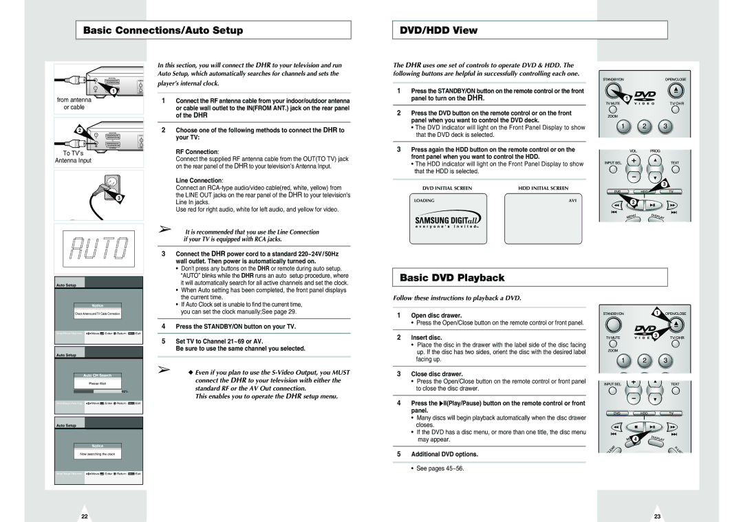 Samsung DVD-H40E/EUR manual Basic Connections/Auto Setup DVD/HDD View, Basic DVD Playback, Player’s internal clock 