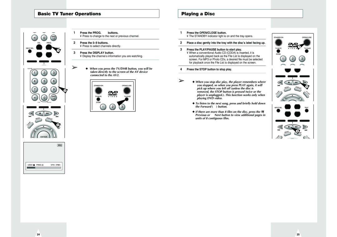 Samsung DVD-H40E/EUR manual Basic TV Tuner Operations, Playing a Disc 