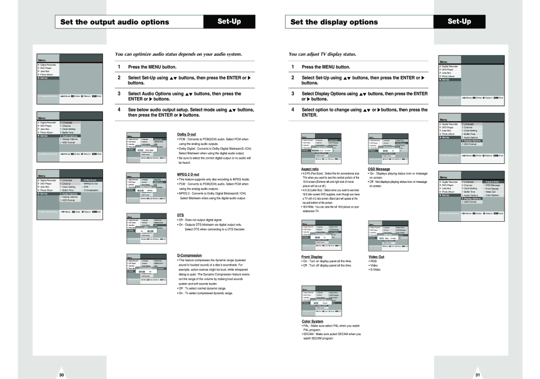 Samsung DVD-H40E/EUR manual Set the output audio options, Set the display options, Then press the Enter or ❿ buttons 