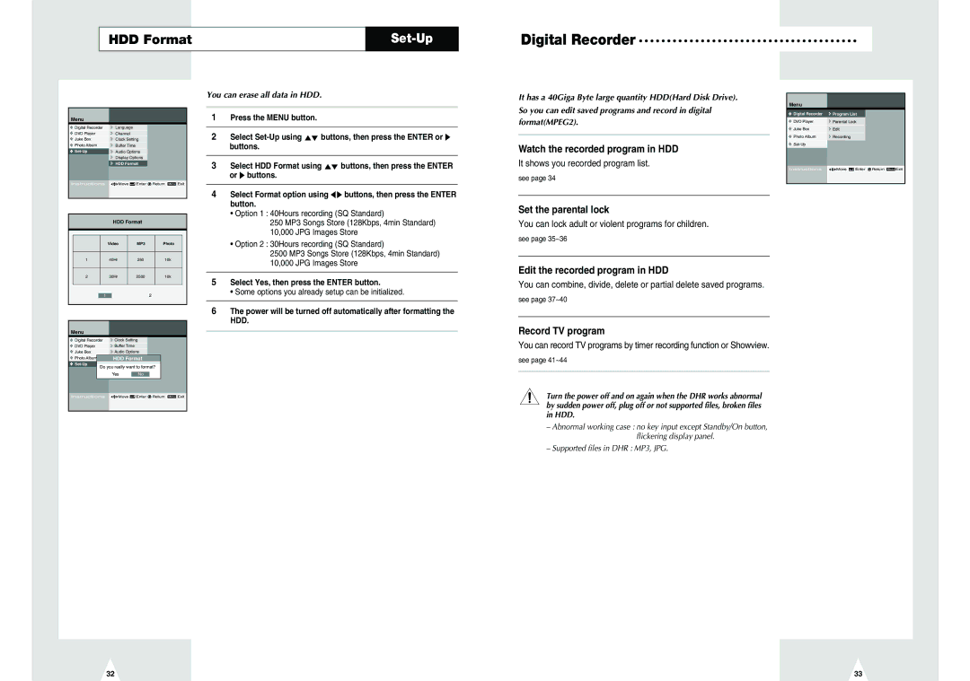 Samsung DVD-H40E/EUR manual HDD Format, Watch the recorded program in HDD, Set the parental lock, Record TV program 