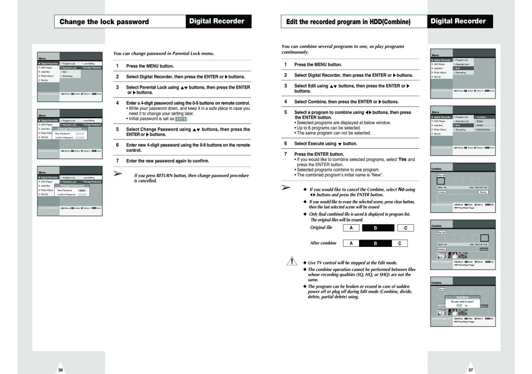 Samsung DVD-H40E/EUR manual Change the lock password, You can change password in Parental Lock menu 