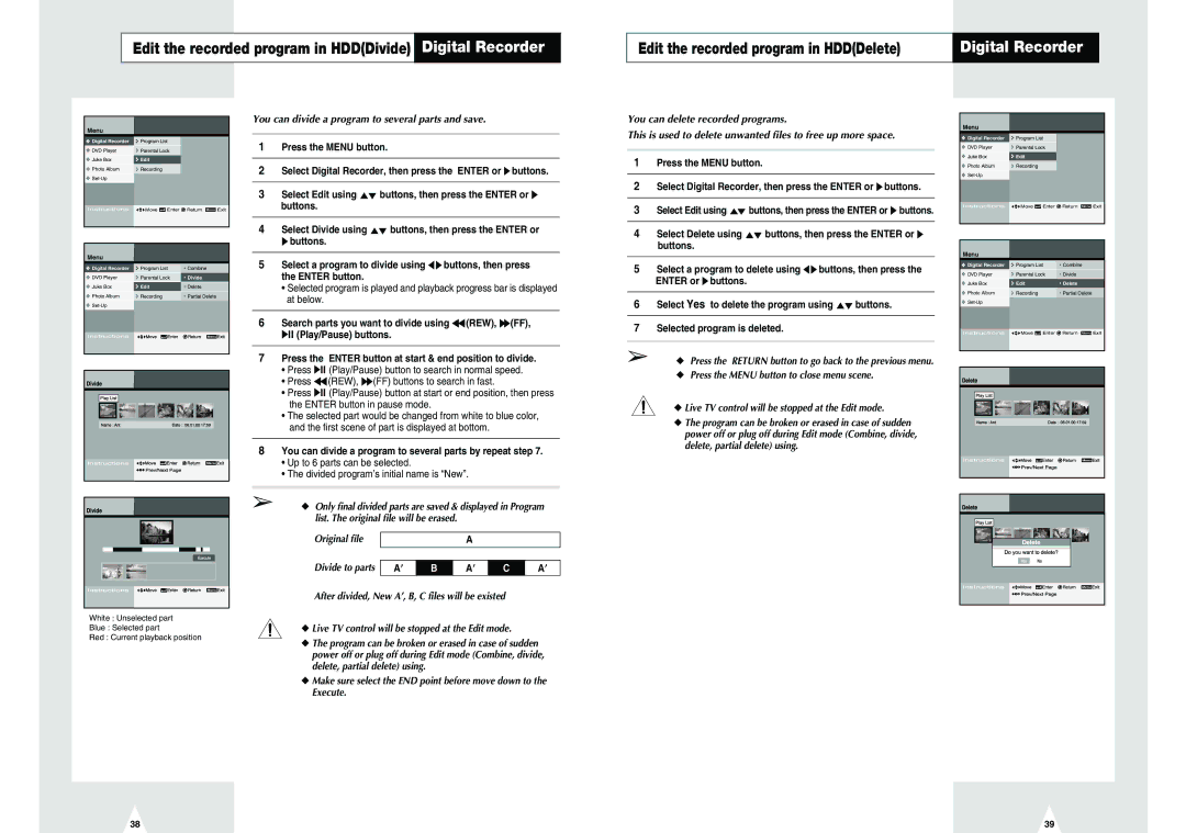 Samsung DVD-H40E/EUR manual Edit the recorded program in HDDDivide Digital Recorder, Edit Delete 