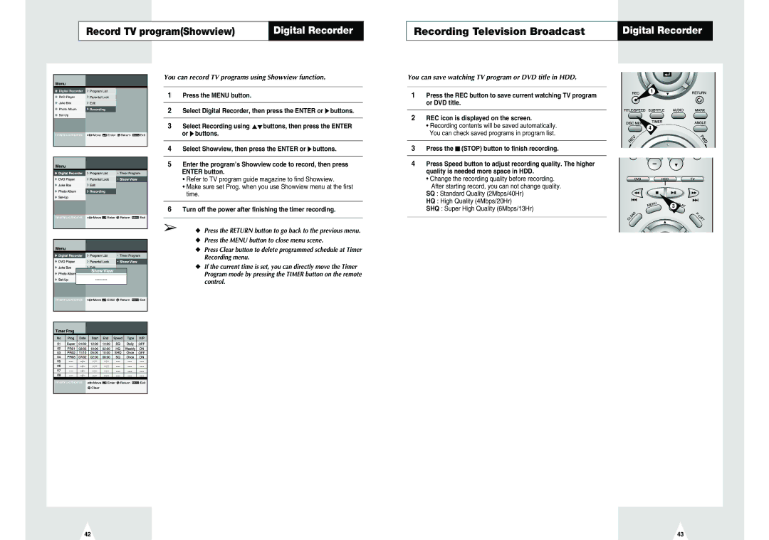 Samsung DVD-H40E/EUR manual Record TV programShowview, You can record TV programs using Showview function 