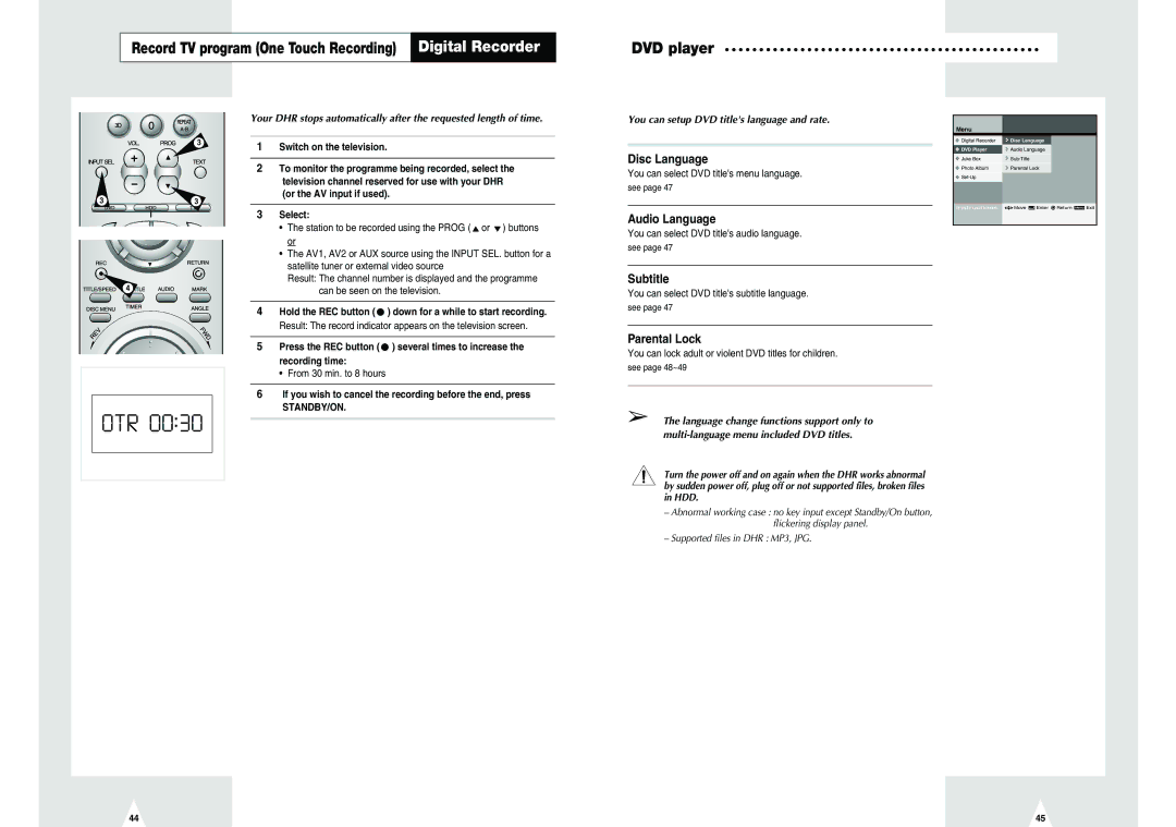 Samsung DVD-H40E/EUR Disc Language, Audio Language, Subtitle, Parental Lock, You can setup DVD titles language and rate 