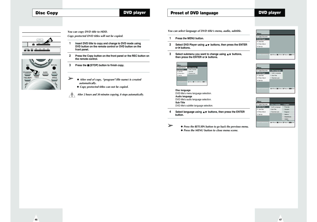 Samsung DVD-H40E/EUR manual Disc Copy, Preset of DVD language, Disc Language English DVD Player 