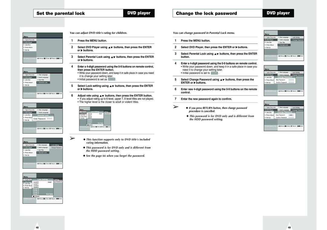 Samsung DVD-H40E/EUR manual Set the parental lock, You can adjust DVD titles rating for children, Lock Setting, Kid Safe 