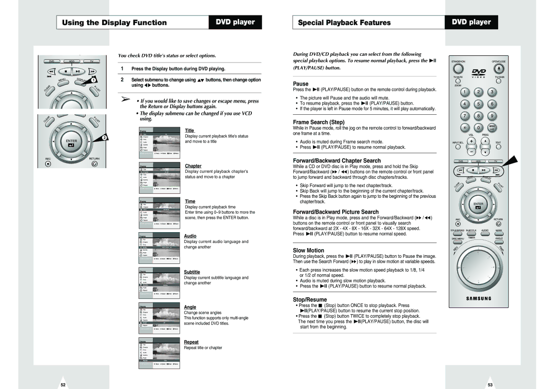 Samsung DVD-H40E/EUR manual Using the Display Function, Special Playback Features 