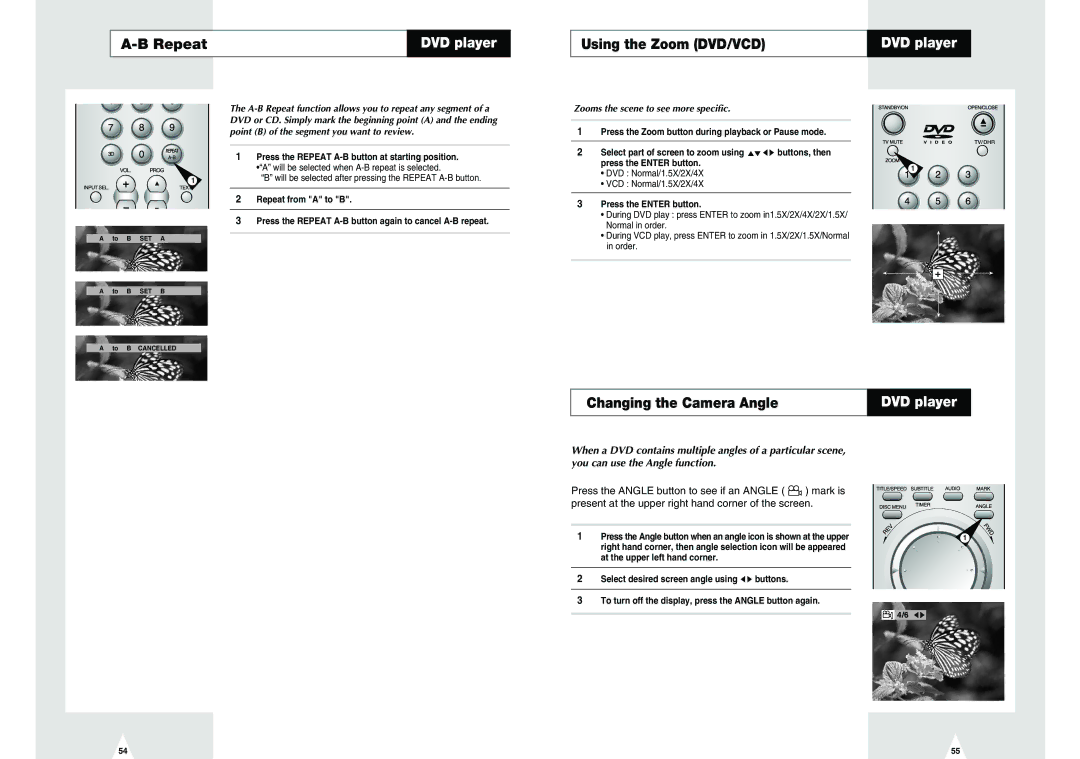 Samsung DVD-H40E/EUR manual Repeat, Using the Zoom DVD/VCD, Changing the Camera Angle, Zooms the scene to see more specific 