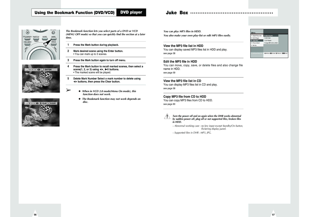 Samsung DVD-H40E/EUR manual Using the Bookmark Function DVD/VCD DVD player, View the MP3 file list in HDD 