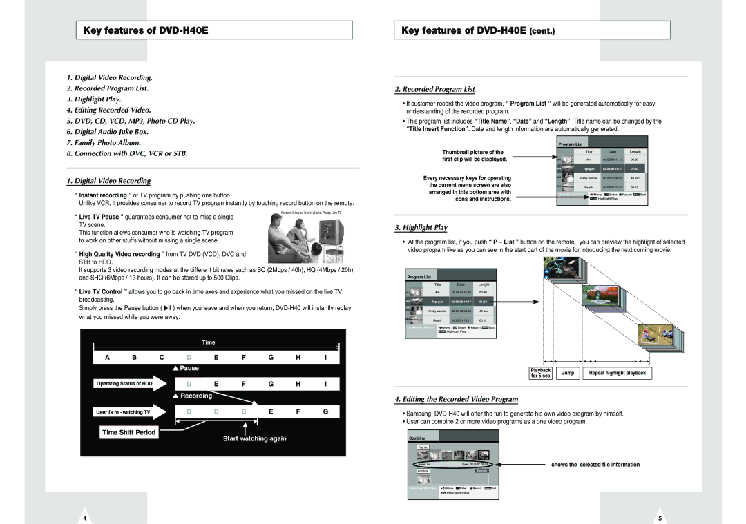 Samsung DVD-H40E/EUR manual Key features of DVD-H40E, Editing the Recorded Video Program 