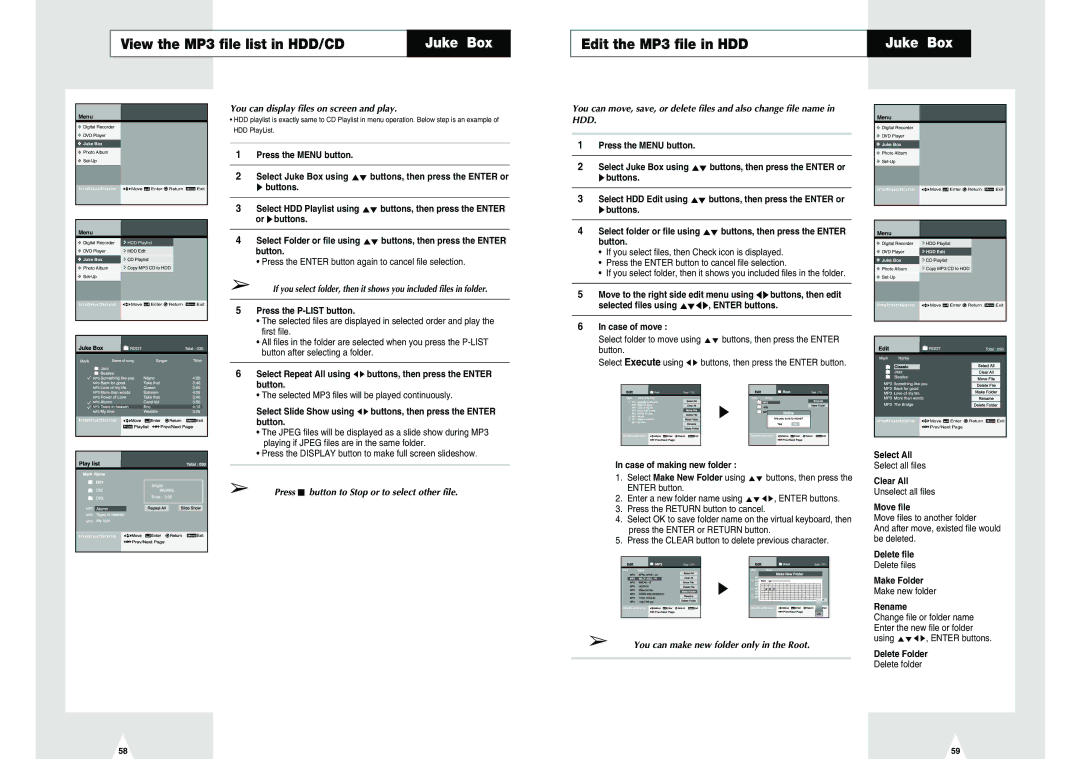 Samsung DVD-H40E/EUR View the MP3 file list in HDD/CD, Edit the MP3 file in HDD, You can display files on screen and play 