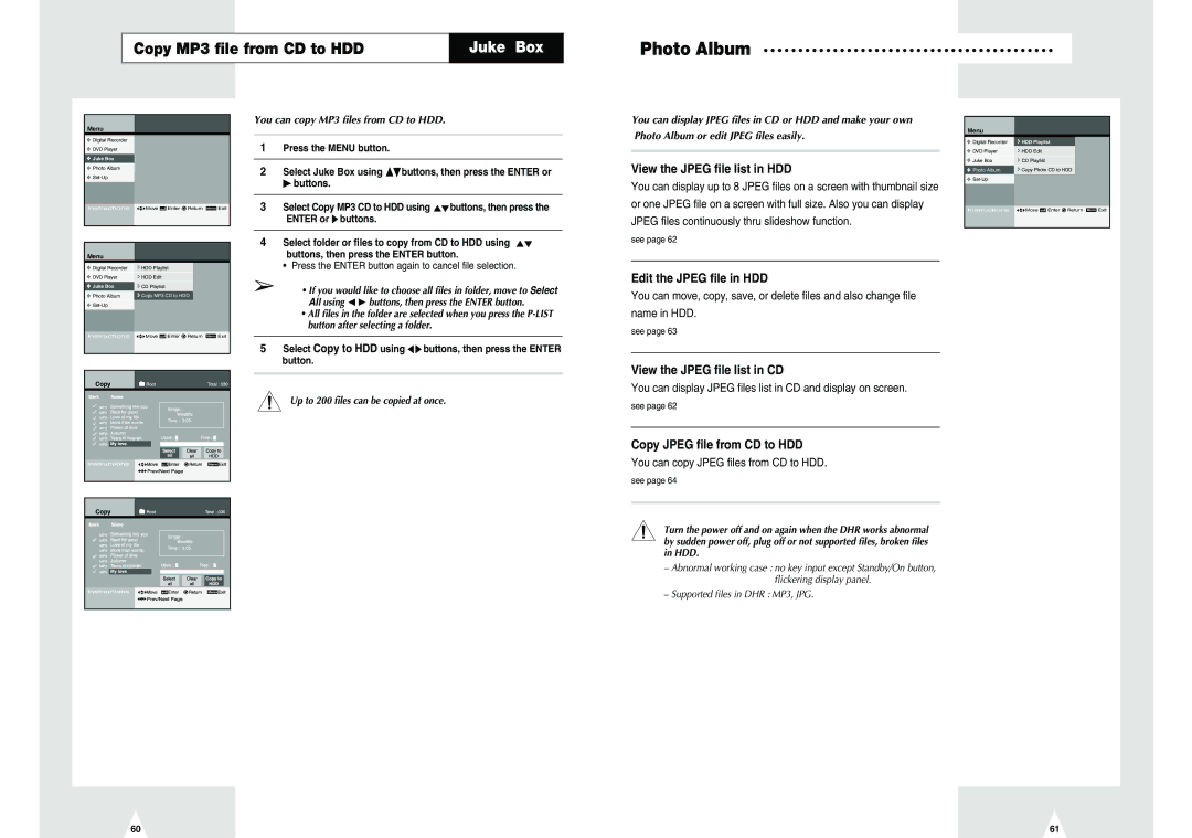 Samsung DVD-H40E/EUR manual Copy MP3 file from CD to HDD, View the Jpeg file list in HDD, Edit the Jpeg file in HDD 