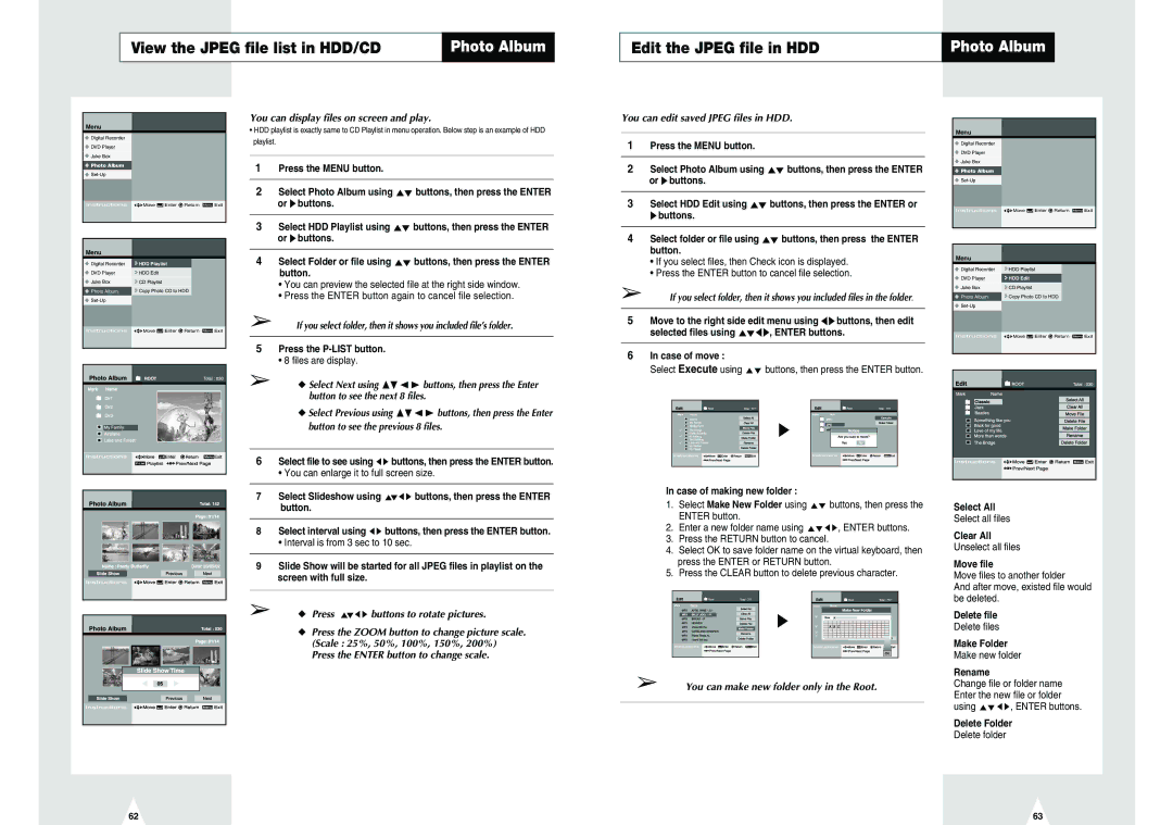 Samsung DVD-H40E/EUR manual View the Jpeg file list in HDD/CD, Edit the Jpeg file in HDD, Press the P-LIST button 