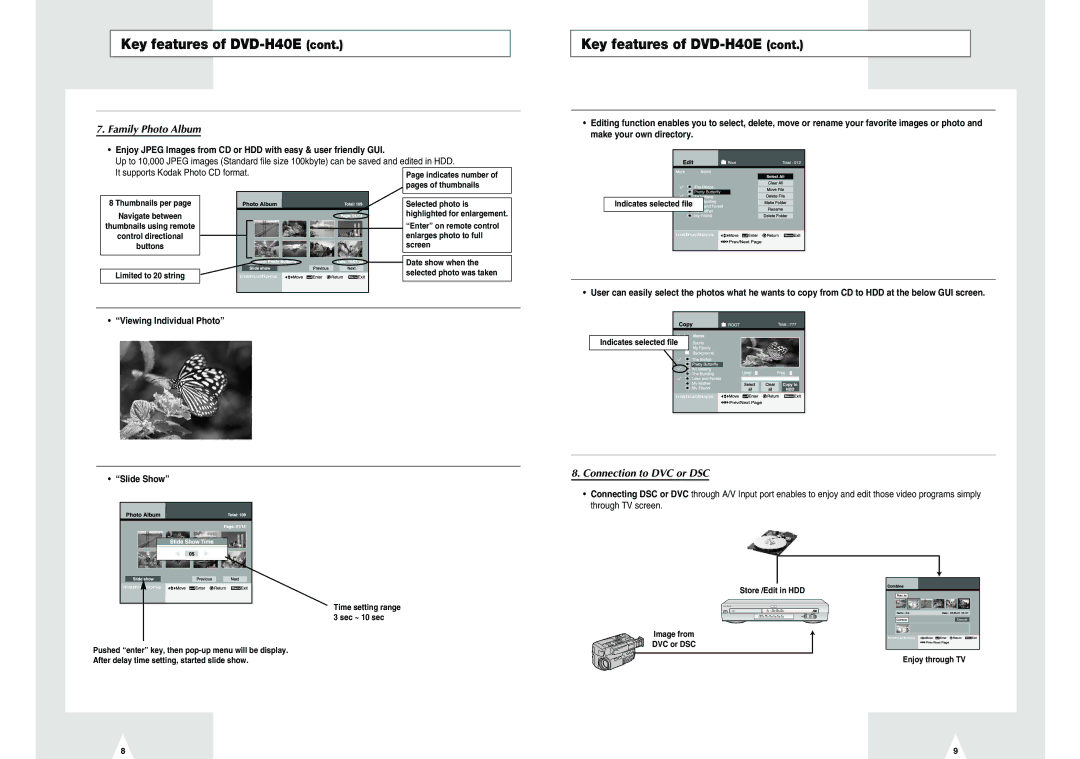 Samsung DVD-H40E/EUR manual Connection to DVC or DSC, Viewing Individual Photo 