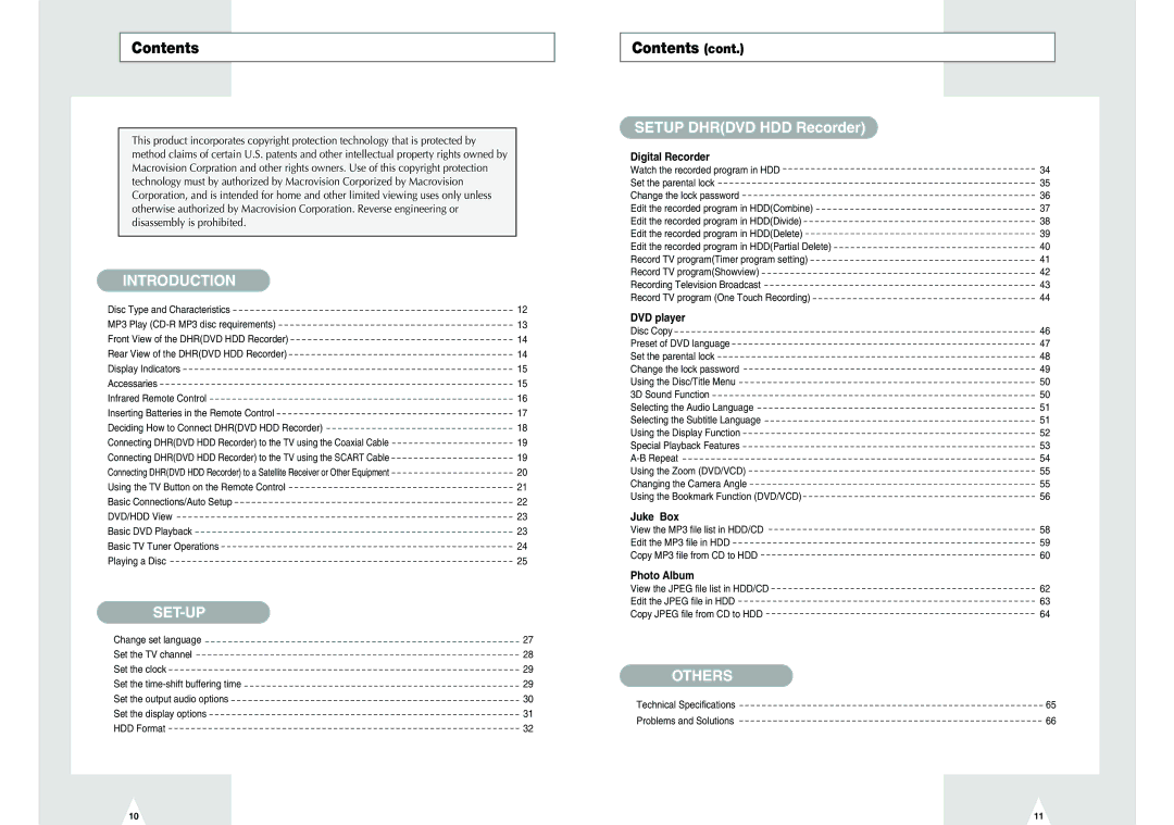 Samsung DVD-H40E/EUR manual Contents 