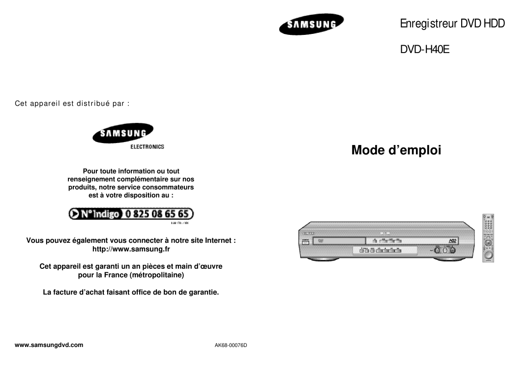 Samsung DVD-H40E/XEF manual Mode d’emploi, Cet appareil est distribué par 