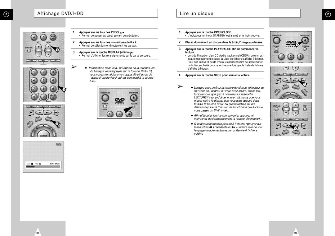 Samsung DVD-H40E/XEF manual Affichage DVD/HDD, Appuyez sur les touches Prog, Appuyez sur les touches numériques de 0 à 