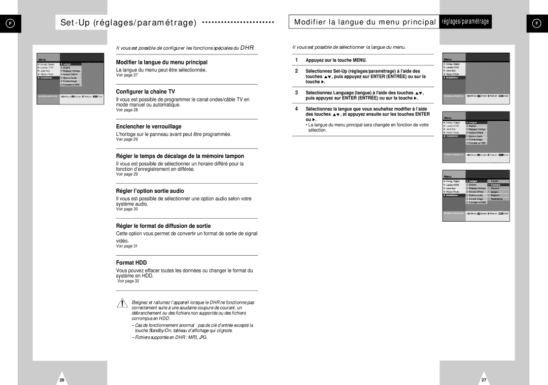 Samsung DVD-H40E/XEF manual Modifier la langue du menu principal 