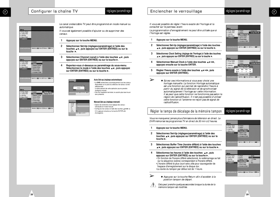 Samsung DVD-H40E/XEF Configurer la chaîne TV, Enclencher le verrouillage, La durée du tampon par défaut est de 1 heure 