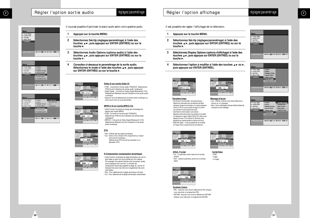 Samsung DVD-H40E/XEF manual Régler l’option sortie audioréglages/paramétrage, Régler l’option affichage 