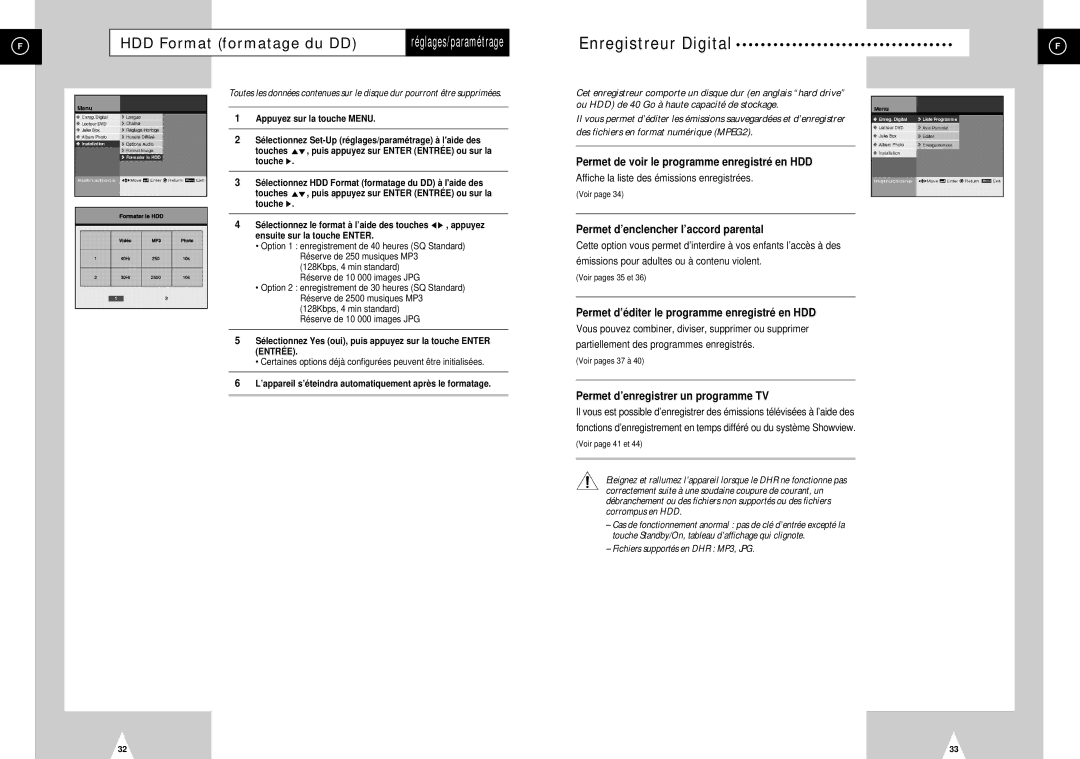 Samsung DVD-H40E/XEF manual HDD Format formatage du DD réglages/paramétrage, Permet de voir le programme enregistré en HDD 