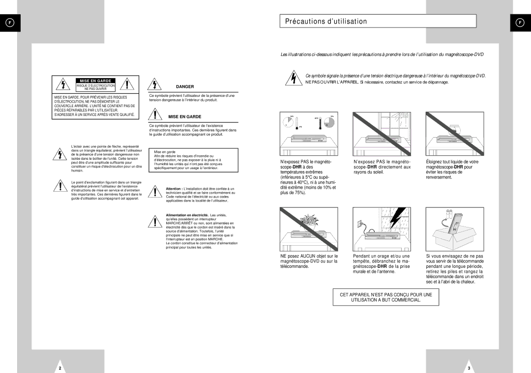 Samsung DVD-H40E/XEF manual Précautions d’utilisation, Mise EN Garde 